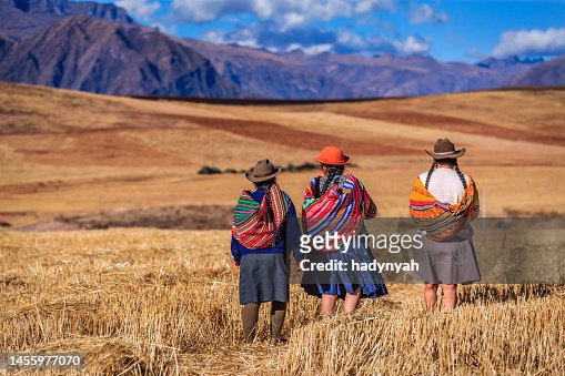 Peruvian women in national clothing crossing field, The Sacred Valley