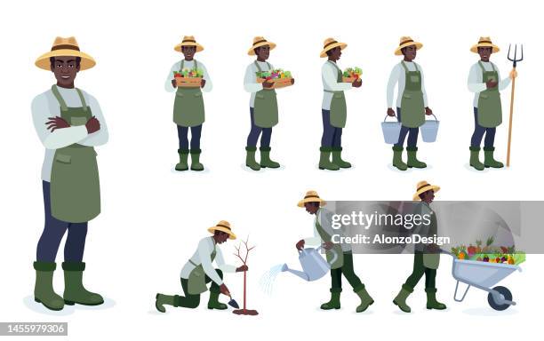 african american farmer .  different poses design. - apron stock illustrations