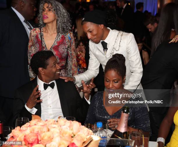 74th ANNUAL GOLDEN GLOBE AWARDS -- Pictured: Mimi Valdes, musician Pharrell Williams, Actor/filmmaker Denzel Washington and actress Pauletta...