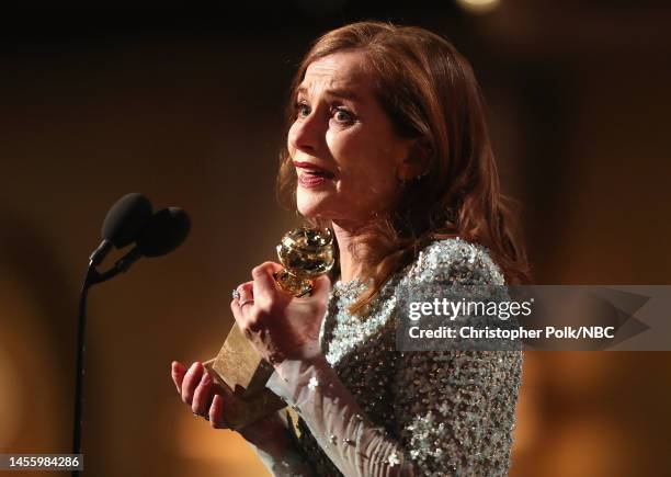 74th ANNUAL GOLDEN GLOBE AWARDS -- Pictured: Isabelle Huppert accepts award for Best Performance by an Actress in a Motion Picture - Drama at the...