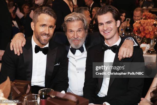 74th ANNUAL GOLDEN GLOBE AWARDS -- Pictured: Actors Ryan Reynolds, Jeff Bridges, and Andrew Garfield at the 74th Annual Golden Globe Awards held at...