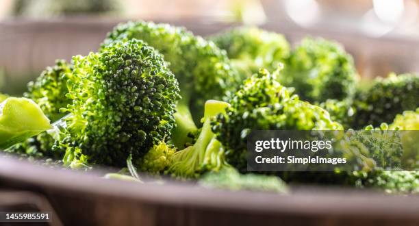 steamed broccoli in a stainless steel steamer - close up. healthy vegetable concept. - brécol fotografías e imágenes de stock