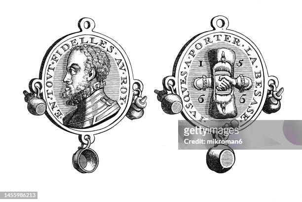 old engraved illustration of coin of dutch war of independence - change award stock pictures, royalty-free photos & images