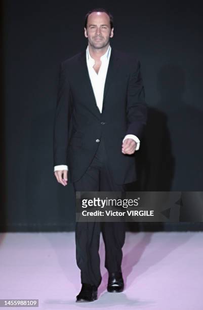 Fashion designer Tom Ford walks the runway during the Gucci Ready to Wear Spring/Summer 2002 fashion show as part of the Milan Fashion Week on...