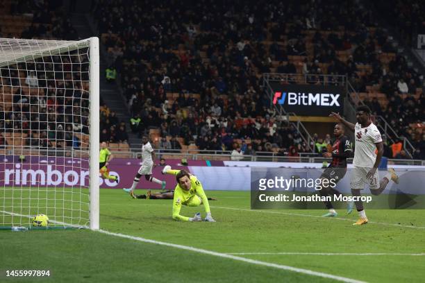 Ndary Adopo of Torino FC scores to give the side a 1-0 lead during extra time of the Coppa Italia Round of Sixteen tie between AC Milan and Torino FC...