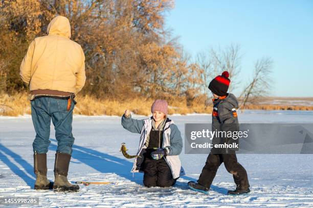 girl holding perch she just caught ice fishing - white perch fish stock pictures, royalty-free photos & images