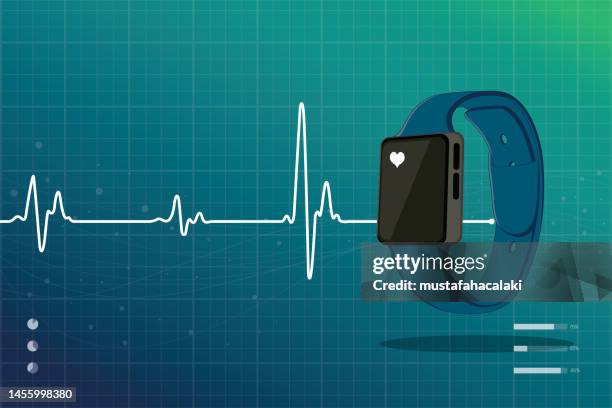 ilustraciones, imágenes clip art, dibujos animados e iconos de stock de monitor de latido cardíaco con reloj inteligente azul e icono de corazón - ordenador para utilizar como accesorio