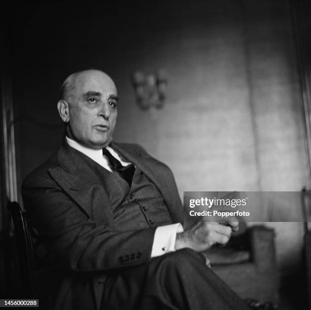 American lawyer and diplomat Joseph E. Davies , Special Envoy of President Harry Truman, speaks at a meeting in London on 13th May 1945.