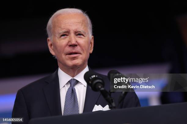 President Joe Biden takes questions from reporters on classified documents as he delivers remarks on the economy and inflation in the Eisenhower...