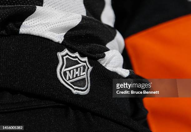 Close-up view of the NHL logo worn by referee Garrett Rank during the game between the Philadelphia Flyers and the Washington Capitals at the Wells...