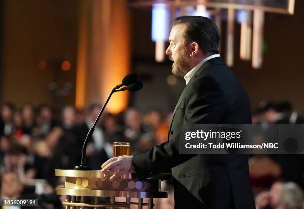 77th ANNUAL GOLDEN GLOBE AWARDS -- Pictured: Host Ricky Gervais speaks onstage at the 77th Annual Golden Globe Awards held at the Beverly Hilton...