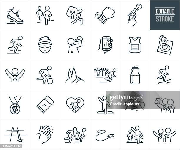 running thin line icons - editierbarer strich - zu den icons gehören ein läufer, läufer, die marathon laufen, footrace, race finisher, finish line, race winner, race course, zuschauer, achievement, cross country running, dedication, athlet, competitor,  - marathon stock-grafiken, -clipart, -cartoons und -symbole