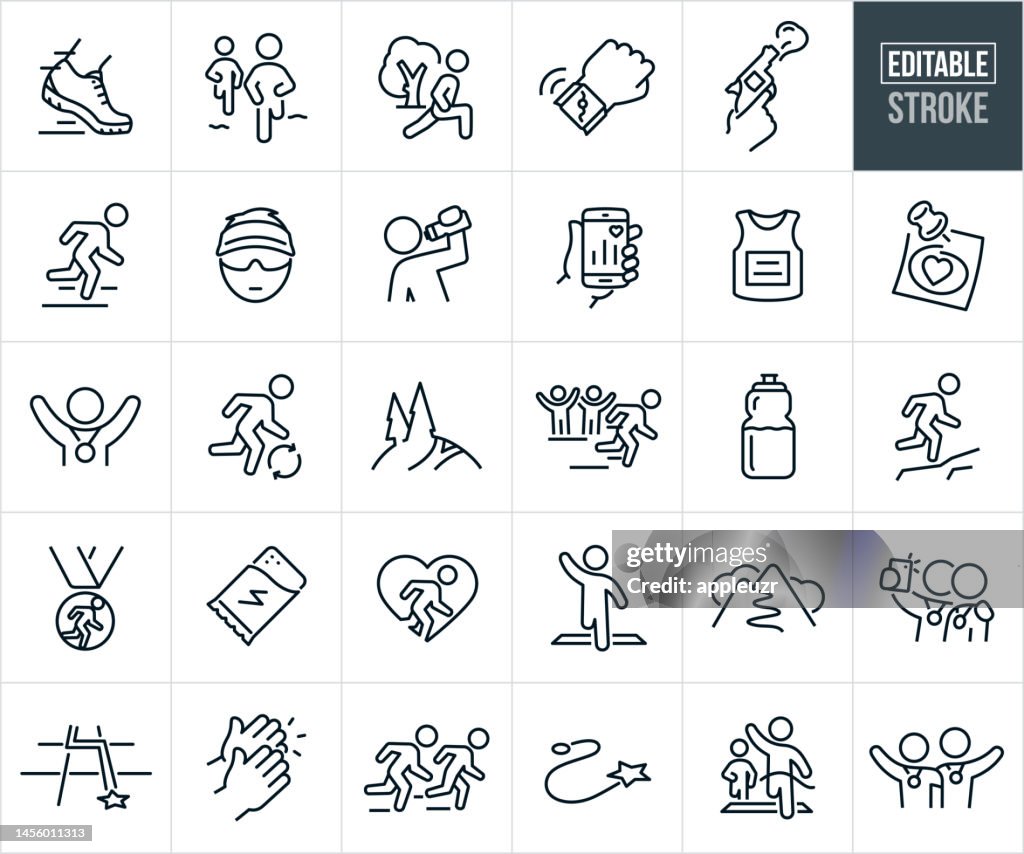 Iconos de línea fina para correr - Trazo editable - Los iconos incluyen un corredor, corredores corriendo maratón, carrera a pie, finalizador de carrera, línea de meta, ganador de la carrera, hipódromo, espectadores, logro, carrera a campo traviesa, de