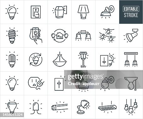 Lighting Thin Line Icons - Editable Stroke - Icons Include Light Bulbs, Compact Fluorescent, LED Light Bulb, Incandescent Light Bulb, Wall Sconce, Lamp, Pendant Light, Light Lighting Thin Line Icons - Editable Stroke - Icons Include Light Bulbs, Compact Fluorescent, LED Light Bulb, Incandescent Light Bulb, Wall Sconce, Lamp, Pendant Light, Light