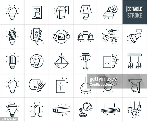 ilustrações, clipart, desenhos animados e ícones de ícones de linha fina de iluminação - curso editável - os ícones incluem lâmpadas, fluorescente compacta, lâmpada led, lâmpada incandescente, arandela de parede, lâmpada, lâmpada, luz pendente, luz - iluminado