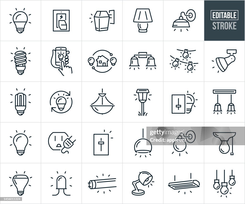 Lighting Thin Line Icons - Editable Stroke - Icons Include Light Bulbs, Compact Fluorescent, LED Light Bulb, Incandescent Light Bulb, Wall Sconce, Lamp, Pendant Light, Light