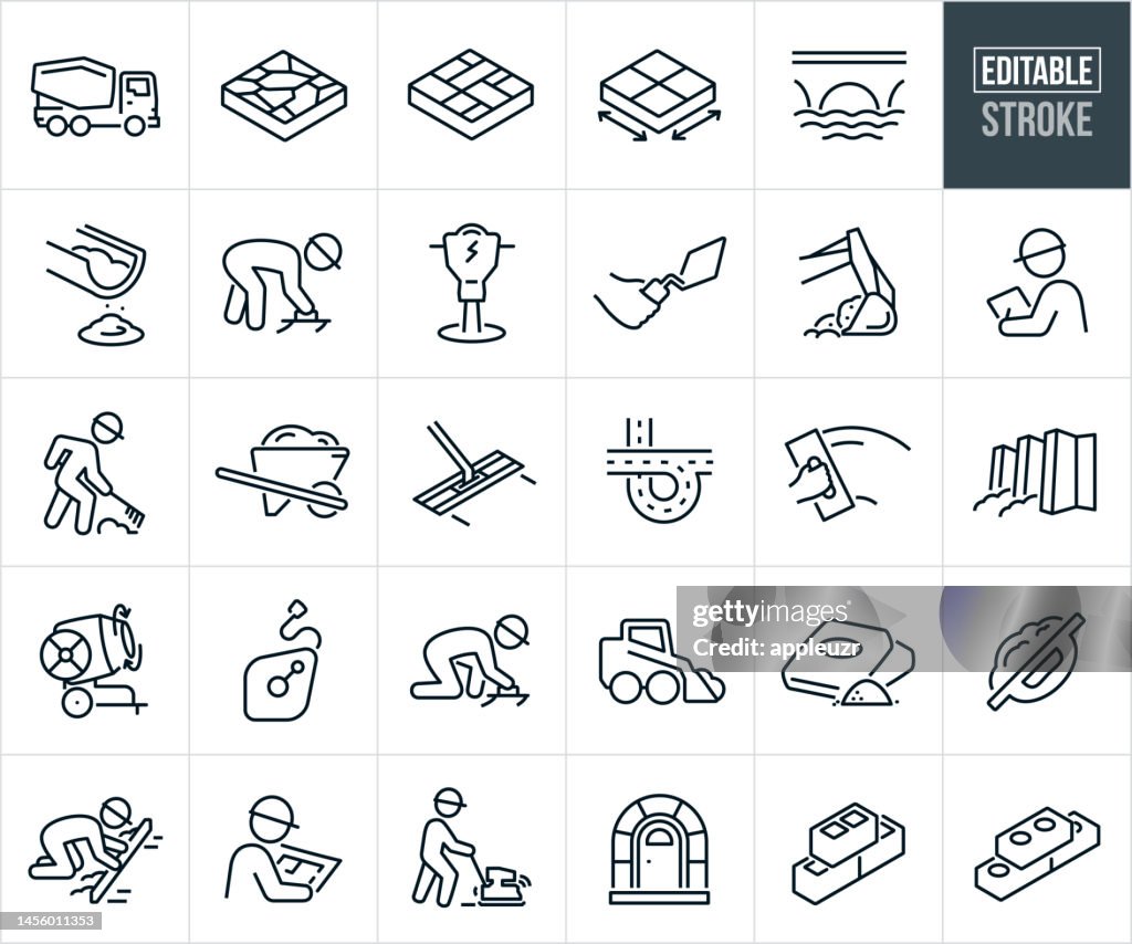 Concrete Work Thin Line Icons - Editable Stroke - Icons Include A Cement Truck, Cement work, Cement Worker Working, Construction Worker, Cement Tools, Cement Mixer, Trowel