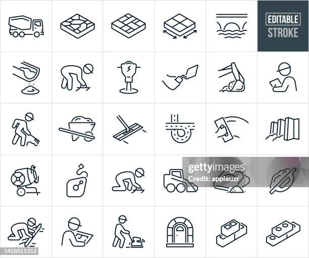 concrete work thin line icons - editable stroke - icons include a cement truck, cement work, cement worker working, construction worker, cement tools, cement mixer, trowel - flooring stock illustrations