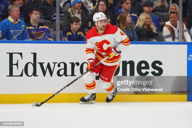 Rasmus Andersson of the Calgary Flames skates against the St. Louis Blues at Enterprise Center on January 10, 2023 in St Louis, Missouri.