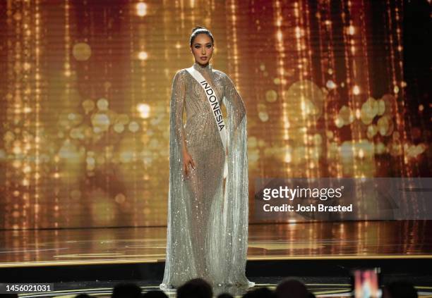 Miss Indonesia, Laksmi De Neefe Suardana walks onstage during the 71st Miss Universe preliminary competition at New Orleans Morial Convention Center...