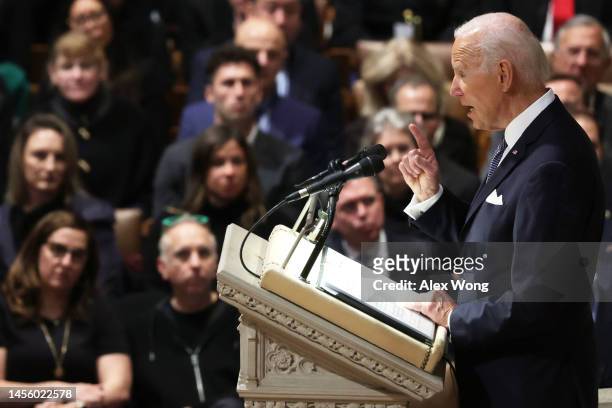 President Joe Biden speaks during a memorial service for former Secretary of Defense Ashton Carter at Washington National Cathedral on January 12,...