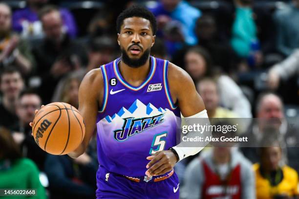 Malik Beasley of the Utah Jazz in action during the first half of a game against the Cleveland Cavaliers at Vivint Arena on January 10, 2023 in Salt...