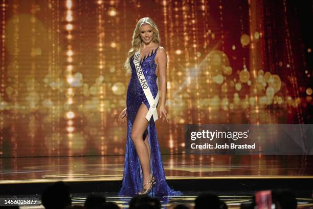 Miss Switzerland, Alia Guindi walks onstage during the 71st Miss Universe preliminary competition at New Orleans Morial Convention Center on January...