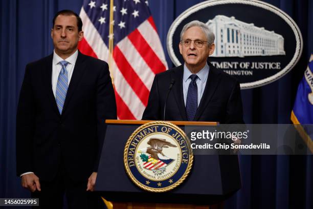 Attorney General Merrick Garland is joined by U.S. Attorney for the Northern District of Illinois John Lausch at a news conference at the Justice...