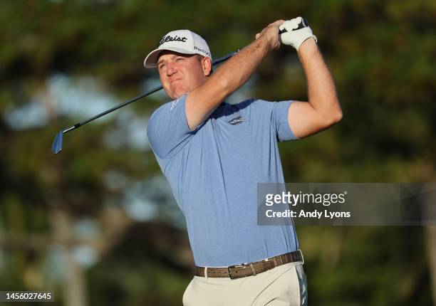 Tom Hoge of the United States plays his shot from the 11th tee during the first round of the Sony Open in Hawaii at Waialae Country Club on January...