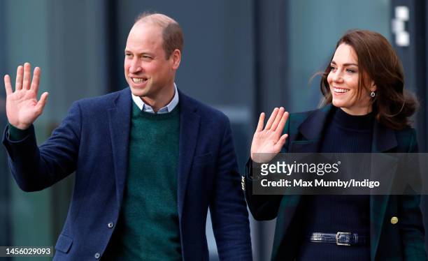 Prince William, Prince of Wales and Catherine, Princess of Wales arrive for a visit to Royal Liverpool University Hospital on January 12, 2023 in...