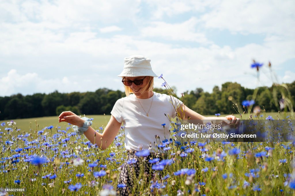 Junge Frau in einem Meer aus blauen Kornblumen