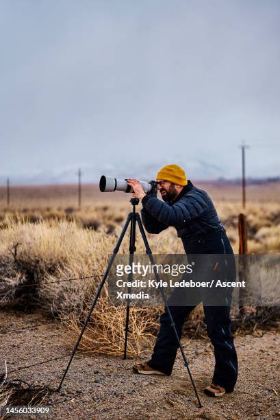 photographer shoots with large lens on tripod - tripod ストックフォトと画像