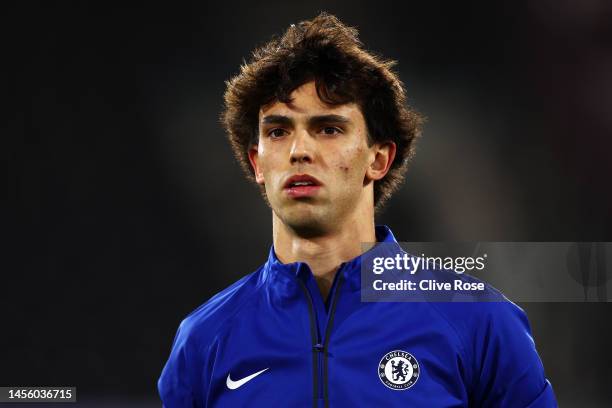 Joao Felix of Chelsea warms up prior to the Premier League match between Fulham FC and Chelsea FC at Craven Cottage on January 12, 2023 in London,...