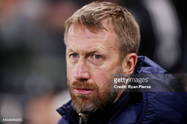 Graham Potter, Manager of Chelsea, looks on prior to the Premier League match between Fulham FC and Chelsea FC at Craven Cottage on January 12, 2023...