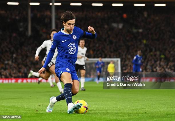 Joao Felix of Chelsea controls the ball during the Premier League match between Fulham FC and Chelsea FC at Craven Cottage on January 12, 2023 in...