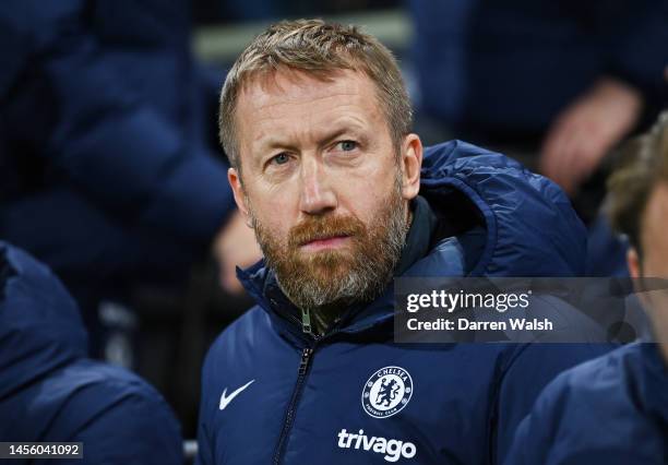 Graham Potter, Manager of Chelsea, looks on prior to the Premier League match between Fulham FC and Chelsea FC at Craven Cottage on January 12, 2023...