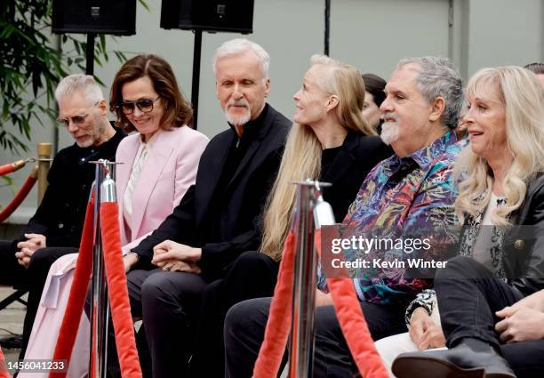 Stephen Lang, Sigourney Weaver, James Cameron, Suzy Amis Cameron, Jon Landau and Julie Landau attend the James Cameron and Jon Landau Hand and...