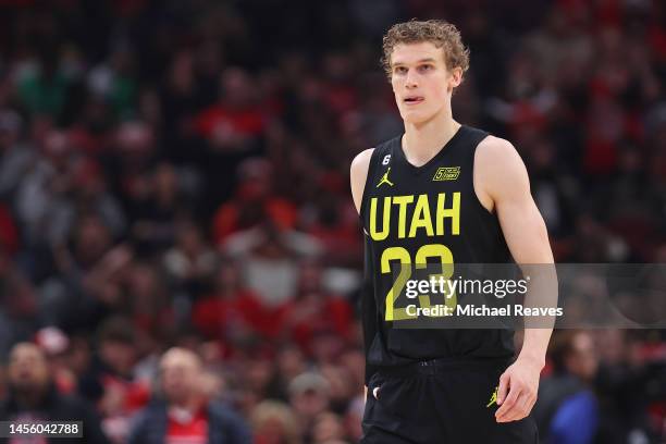 Lauri Markkanen of the Utah Jazz looks on against the Chicago Bulls during the second half at United Center on January 07, 2023 in Chicago, Illinois....