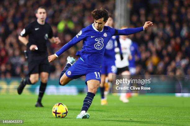 Joao Felix of Chelsea takes a shot during the Premier League match between Fulham FC and Chelsea FC at Craven Cottage on January 12, 2023 in London,...