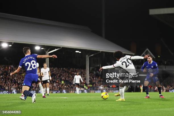 Willian of Fulham scores the team's first goal during the Premier League match between Fulham FC and Chelsea FC at Craven Cottage on January 12, 2023...