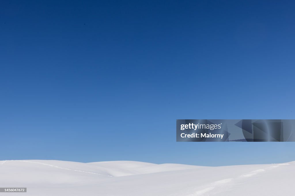 Snow covered land and blue sky. Beautiful winter landscape with copyspace and a light blue background.