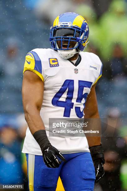 Bobby Wagner of the Los Angeles Rams looks on before the game against the Seattle Seahawks at Lumen Field on January 08, 2023 in Seattle, Washington.