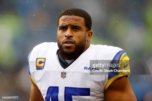 Bobby Wagner of the Los Angeles Rams looks on before the game against the Seattle Seahawks at Lumen Field on January 08, 2023 in Seattle, Washington.