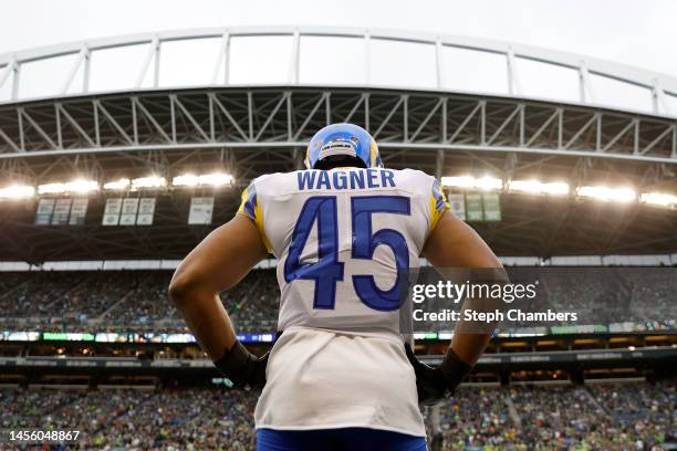 Bobby Wagner of the Los Angeles Rams looks on during the second quarter against the Seattle Seahawks at Lumen Field on January 08, 2023 in Seattle,...