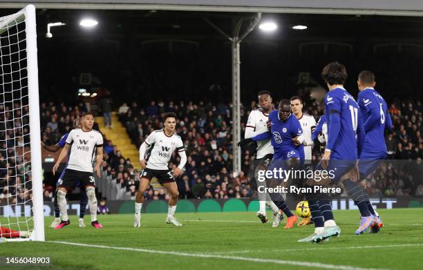 Kalidou Koulibaly of Chelsea scores the team's first goal during the Premier League match between Fulham FC and Chelsea FC at Craven Cottage on...