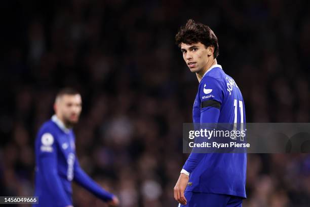 Joao Felix of Chelsea looks on during the Premier League match between Fulham FC and Chelsea FC at Craven Cottage on January 12, 2023 in London,...
