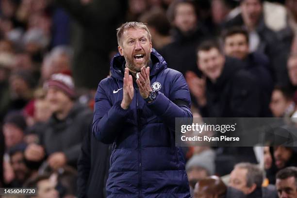 Graham Potter, Manager of Chelsea, reacts during the Premier League match between Fulham FC and Chelsea FC at Craven Cottage on January 12, 2023 in...