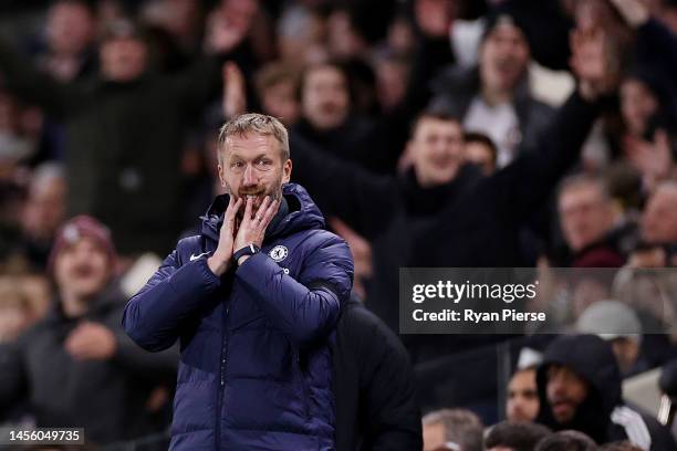 Graham Potter, Manager of Chelsea, reacts during the Premier League match between Fulham FC and Chelsea FC at Craven Cottage on January 12, 2023 in...