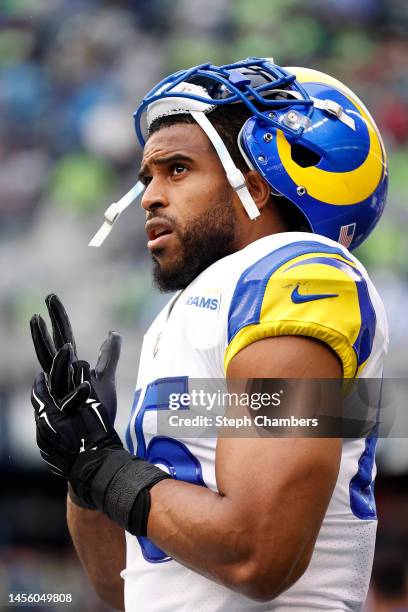 Bobby Wagner of the Los Angeles Rams looks on during the third quarter against the Seattle Seahawks at Lumen Field on January 08, 2023 in Seattle,...