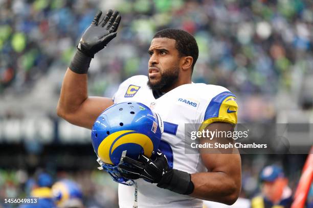 Bobby Wagner of the Los Angeles Rams looks on during the third quarter against the Seattle Seahawks at Lumen Field on January 08, 2023 in Seattle,...